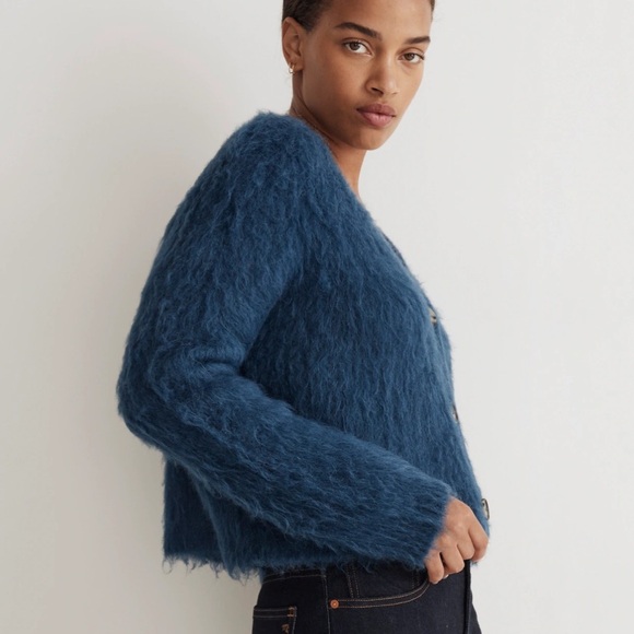 New Madwell Heather Lapis Blue Fuzzy Brushed V-Neck Cardigan Sweater Size L - Picture 2 of 11